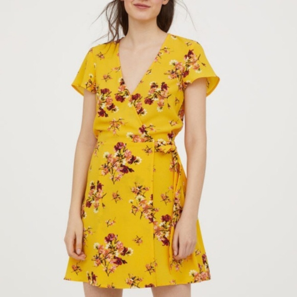 h&m yellow floral wrap dress